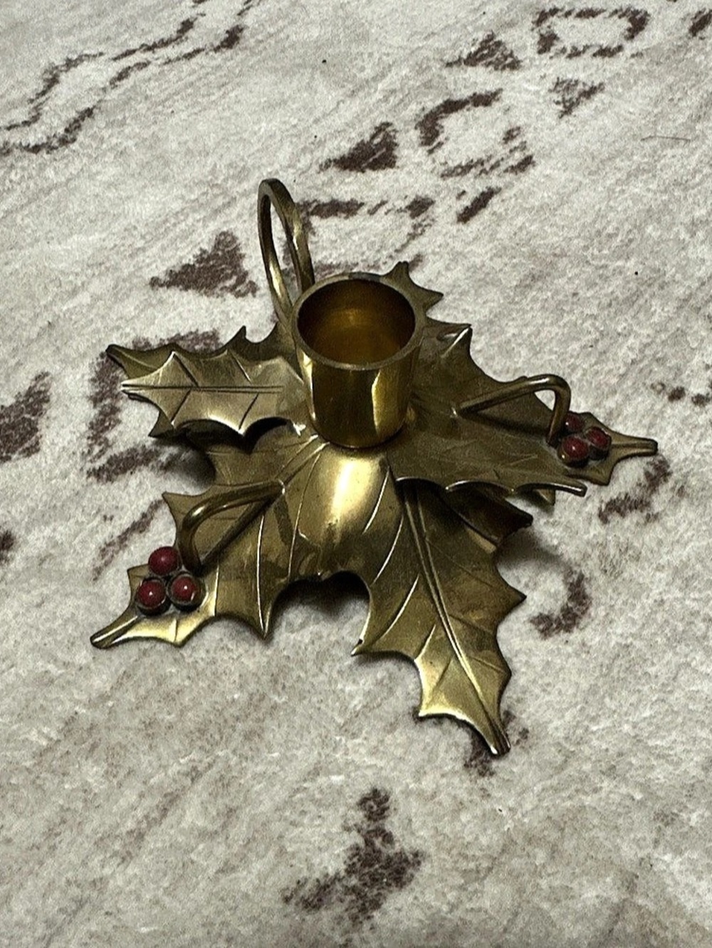 Solid Brass Holly Leaf with Berry Accents Chamber Stick Candle Holder